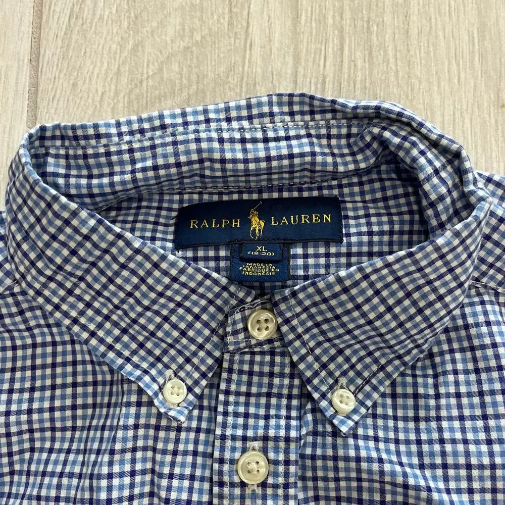 Ralph Lauren Boy's XL Blue White Plaid Long Sleeve Button Down Dress Shirt